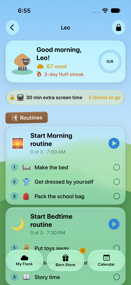 Leo's Today board on an iPhone with a Together chore shared with his sisters and an up-for-grabs chore anyone can claim