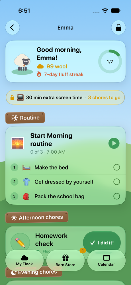 Emma's Today board in Sheep Chores on an iPhone: a routine card, big chore cards with I did it! buttons, and her wool and streak at the top