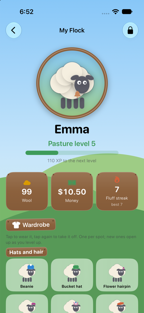 My Flock on an iPhone: Emma's sheep in a framed portrait, her wool and money, pasture level, badges and wardrobe