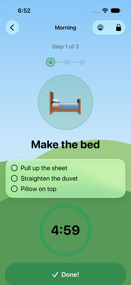 The routine player on an iPhone: step 1 of 3, Make the bed, a checklist and a big countdown ring with a Done button